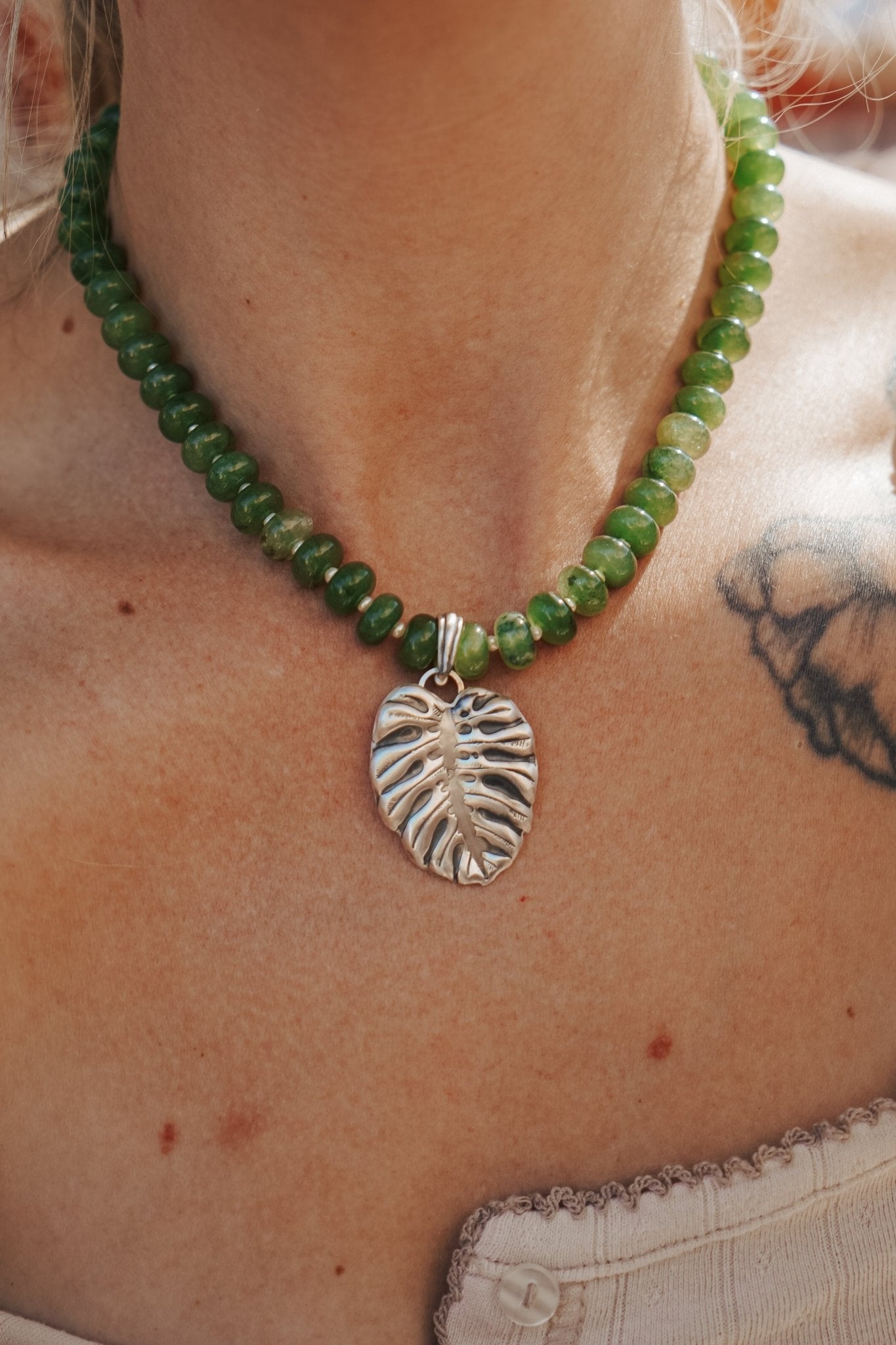 The Monsterra Necklace in Jade + Pearl Beads - Golden Road Crafted