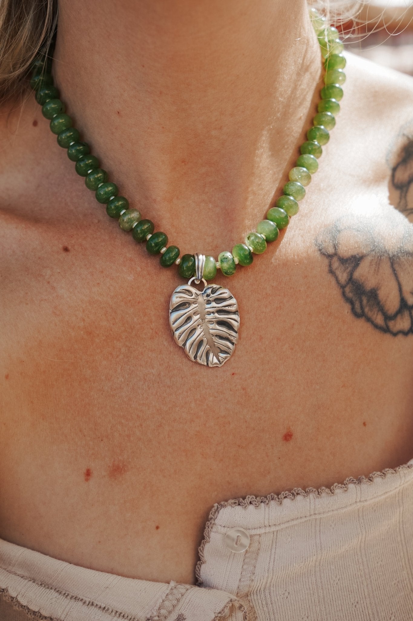 The Monsterra Necklace in Jade + Pearl Beads - Golden Road Crafted