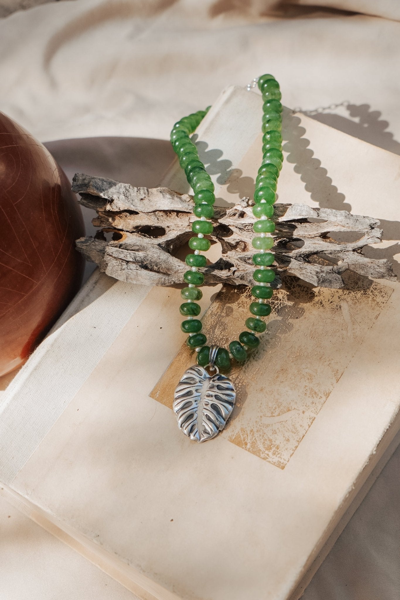 The Monsterra Necklace in Jade + Pearl Beads - Golden Road Crafted