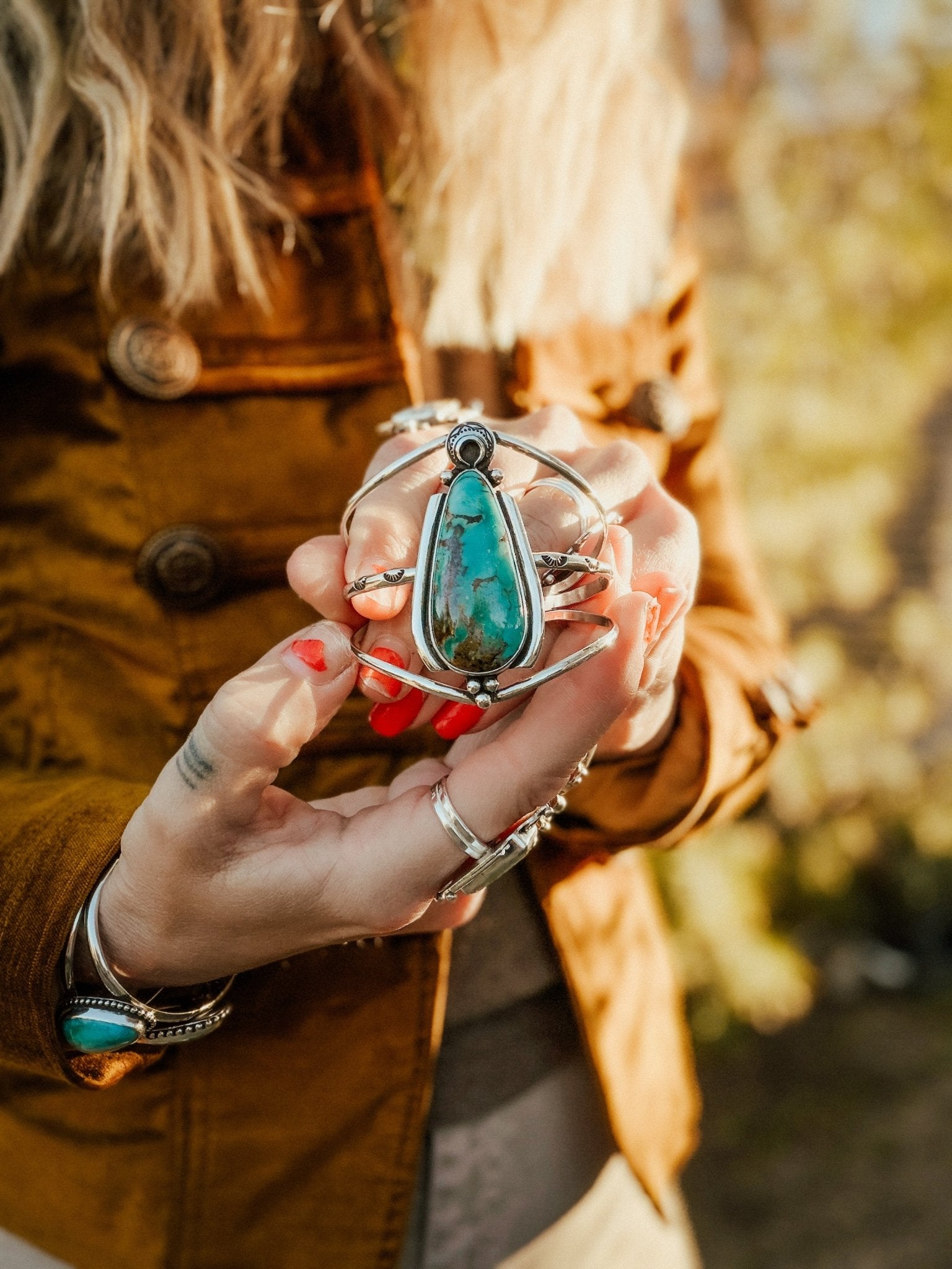 The Moon Goddess Cuff in Royston Turquoise - Golden Road Crafted