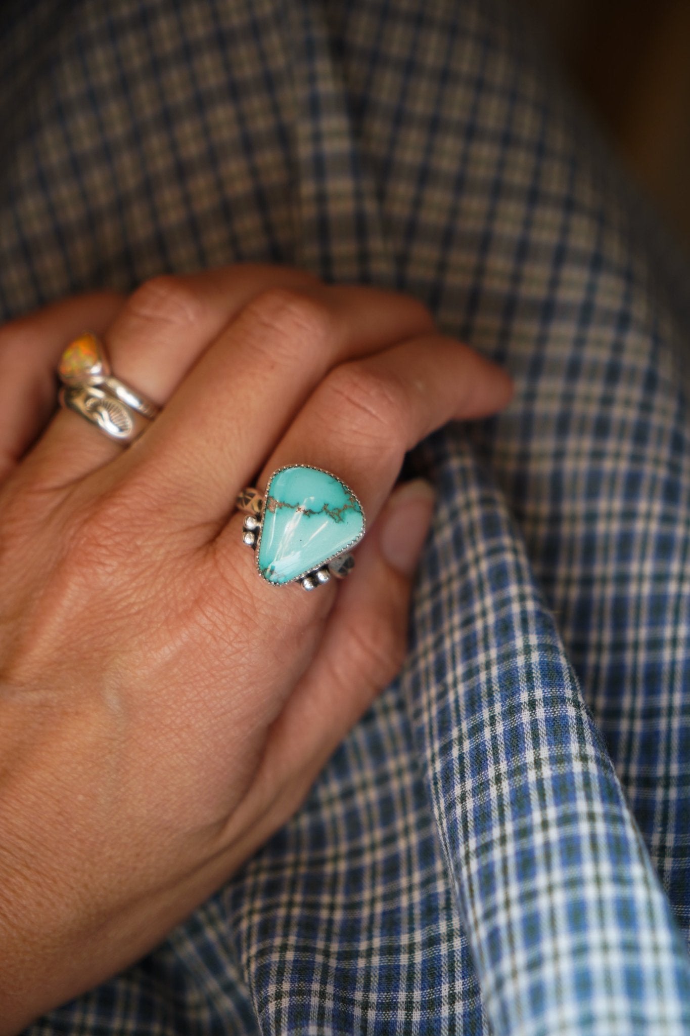 The Open Window Ring in Emerald Valley Turquoise (Size 9) - Golden Road Crafted