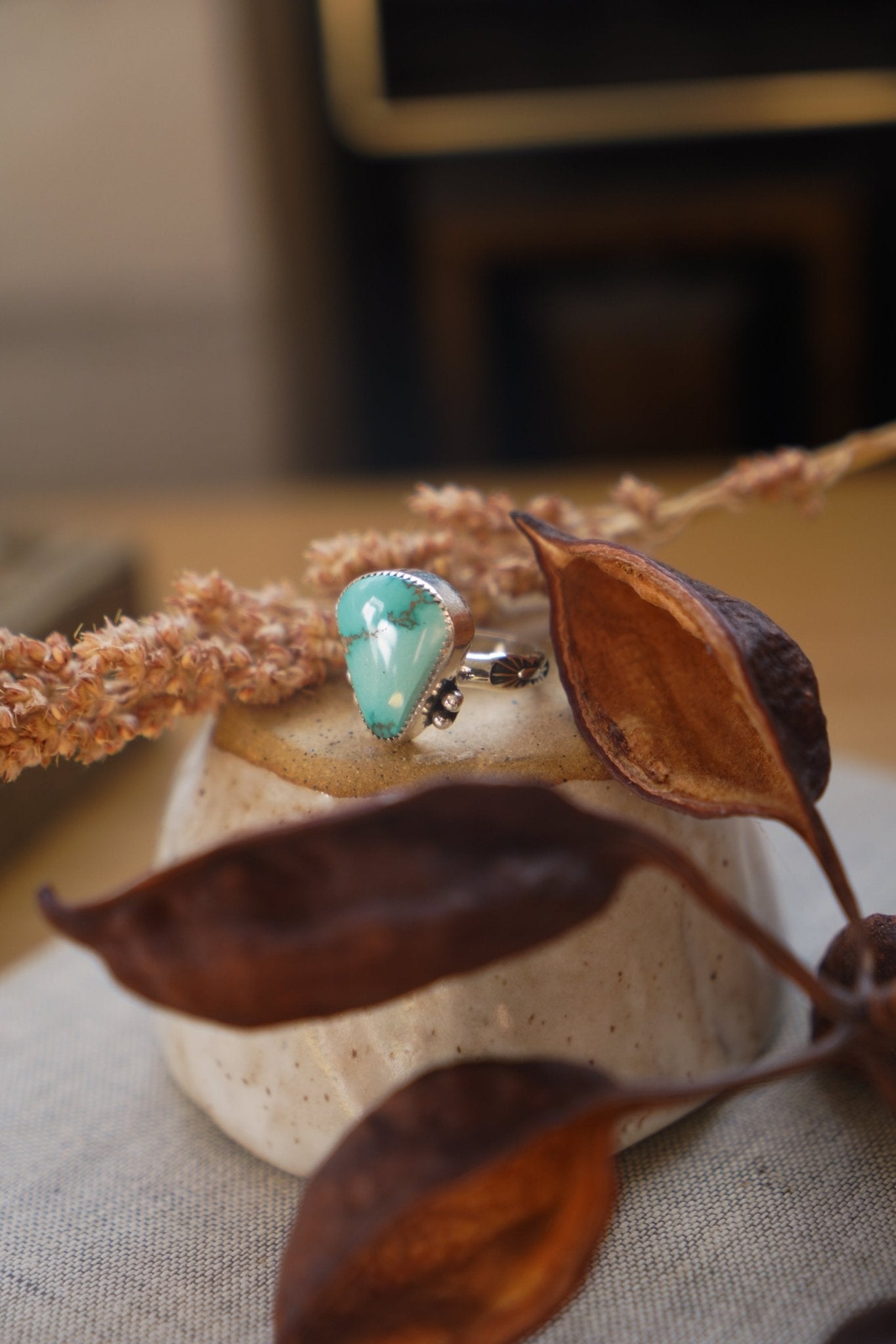 The Open Window Ring in Emerald Valley Turquoise (Size 9) - Golden Road Crafted