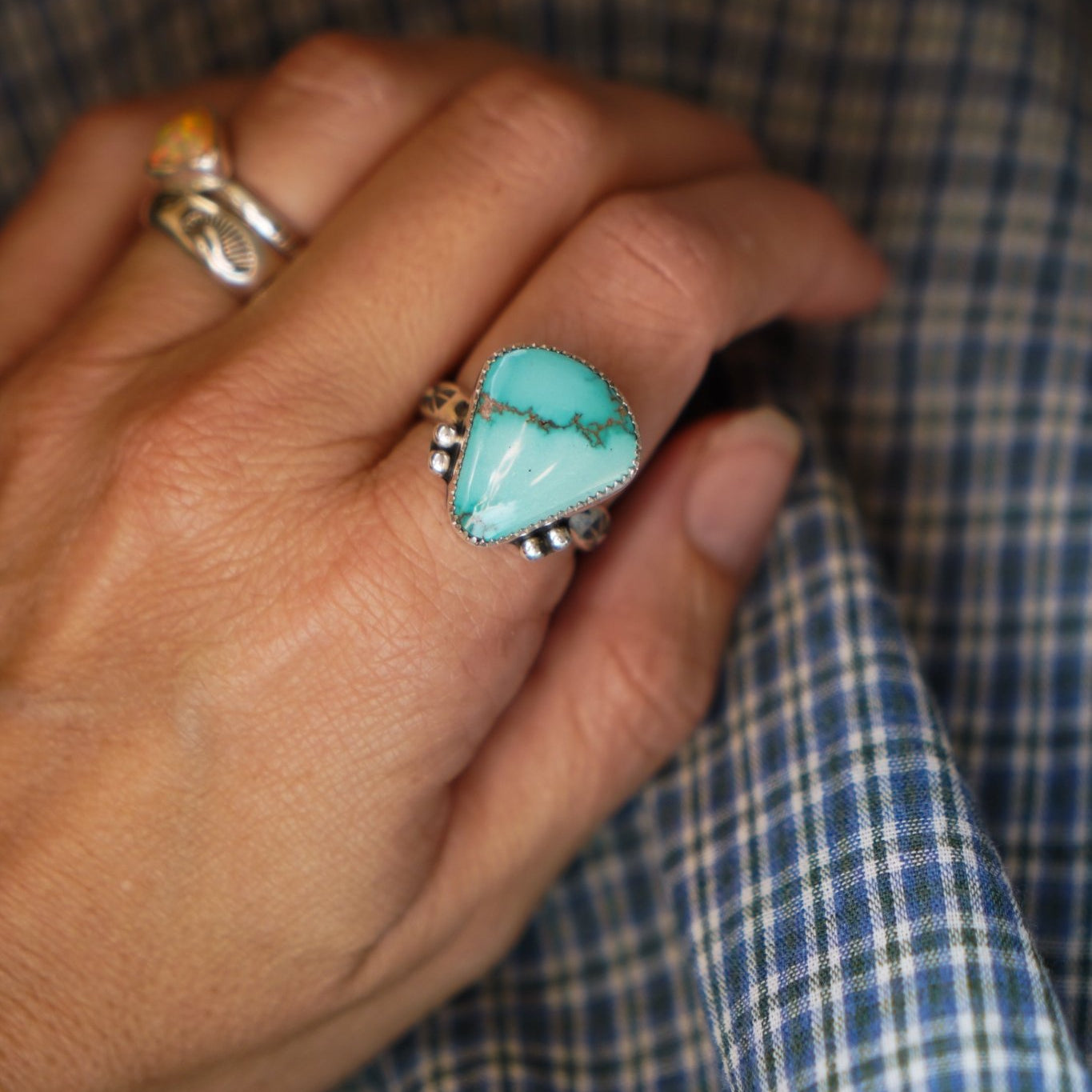 The Open Window Ring in Emerald Valley Turquoise (Size 9) - Golden Road Crafted