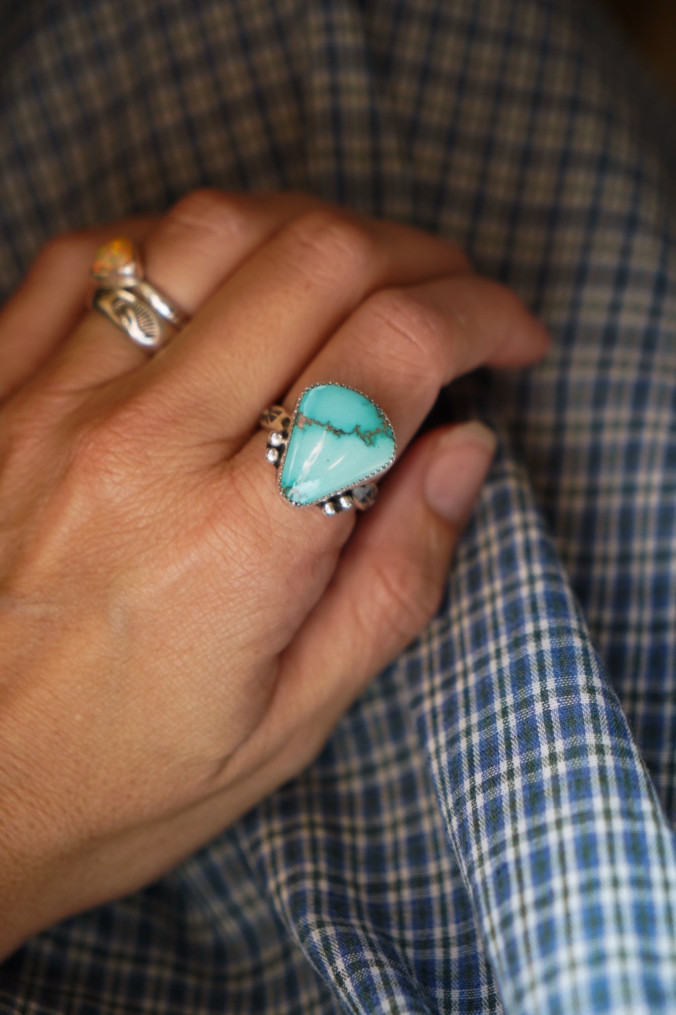 The Open Window Ring in Emerald Valley Turquoise (Size 9) - Golden Road Crafted
