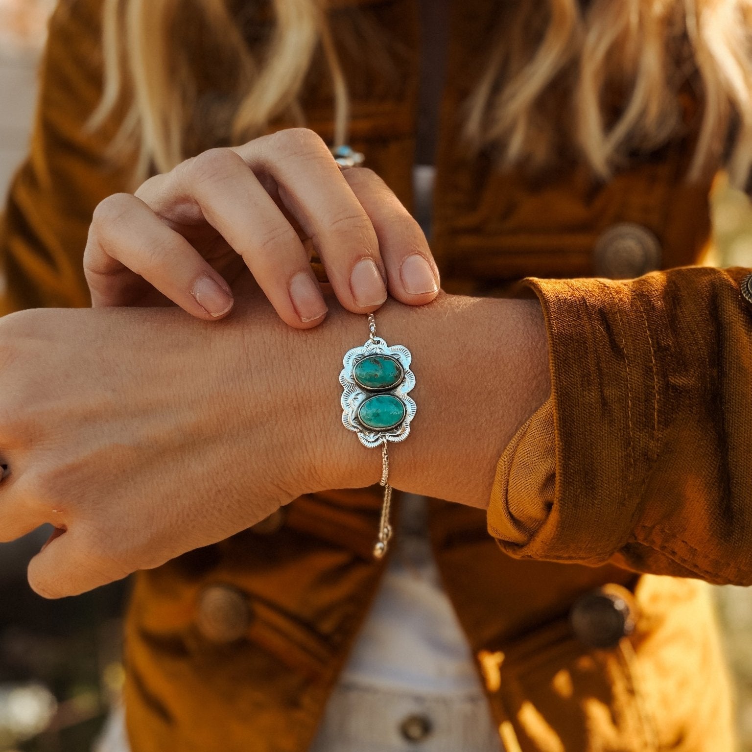 The Out West Bracelet in Carico Lake Turquoise - Golden Road Crafted