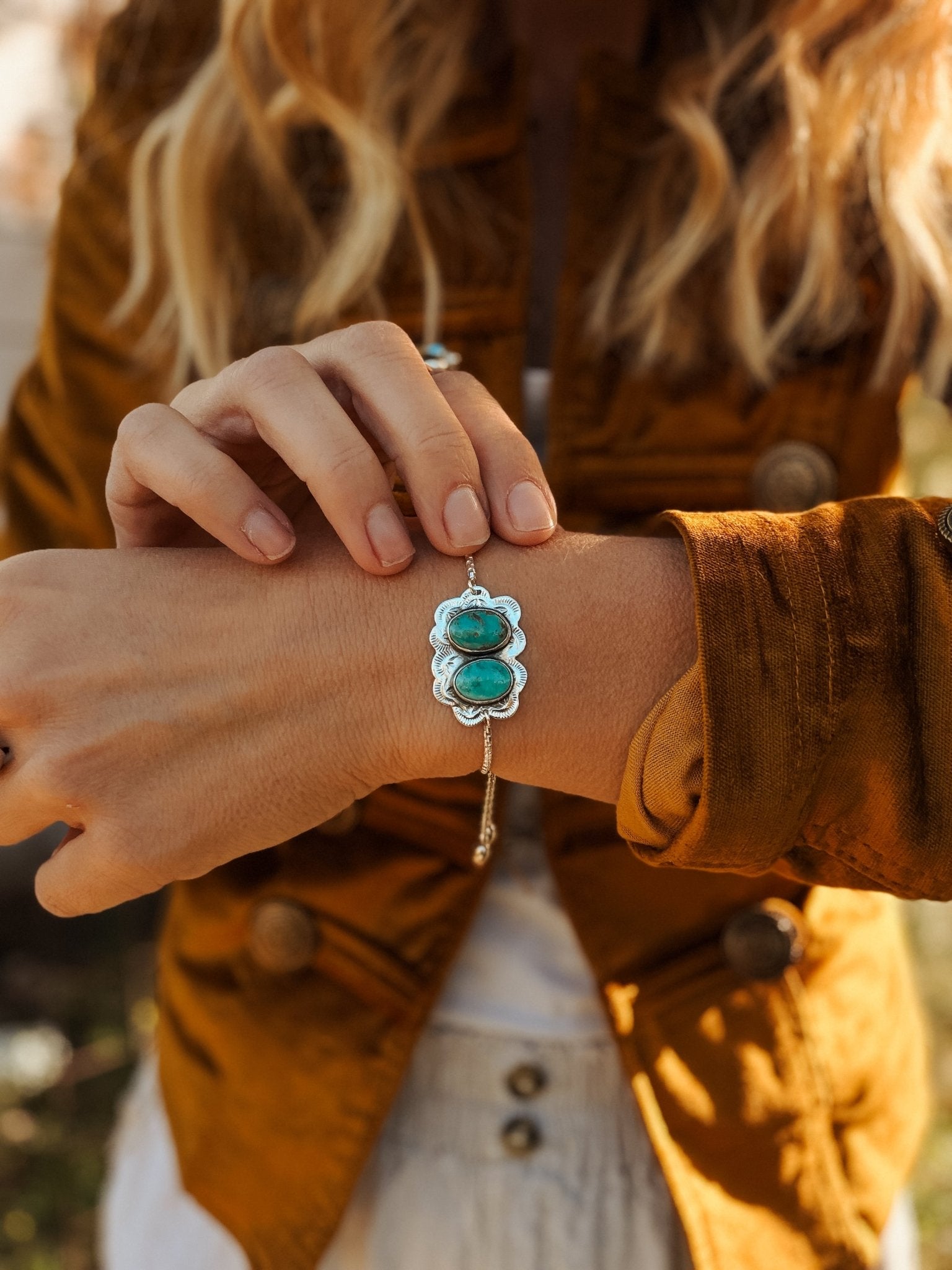 The Out West Bracelet in Carico Lake Turquoise - Golden Road Crafted