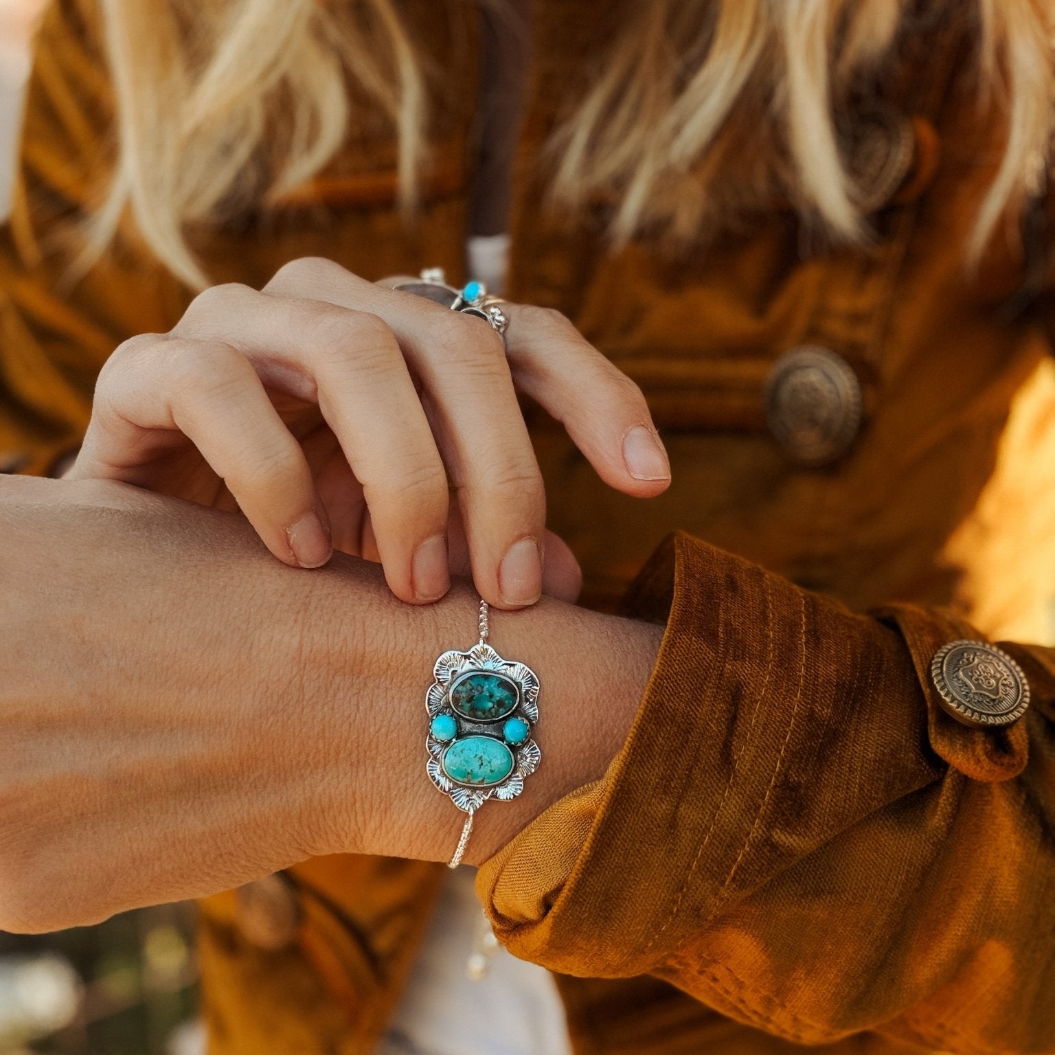 The Out West Bracelet in Carico Lake Turquoise & Lone Mtn Turquoise - Golden Road Crafted