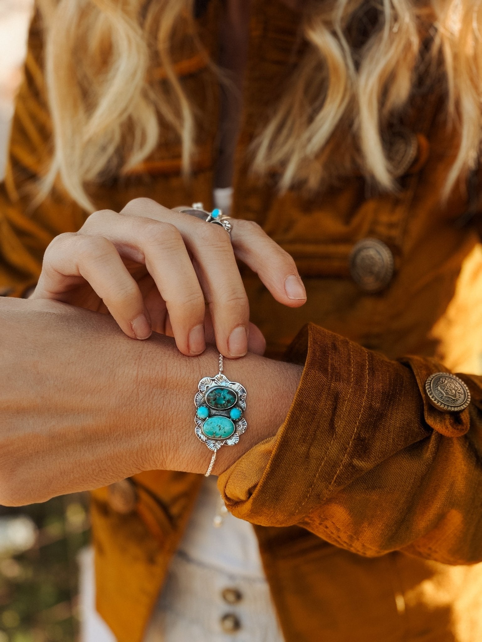 The Out West Bracelet in Carico Lake Turquoise & Lone Mtn Turquoise - Golden Road Crafted