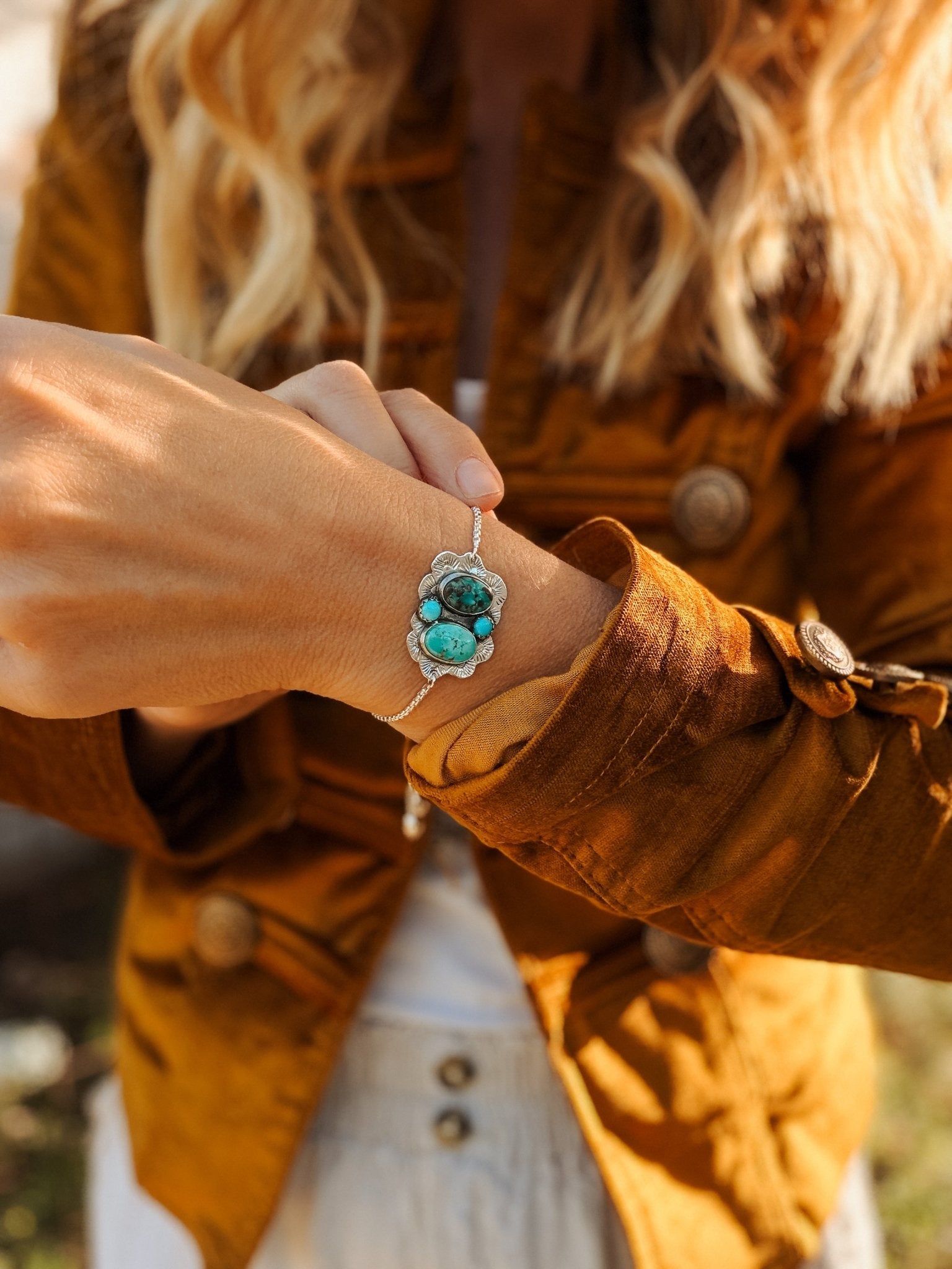 The Out West Bracelet in Carico Lake Turquoise & Lone Mtn Turquoise - Golden Road Crafted