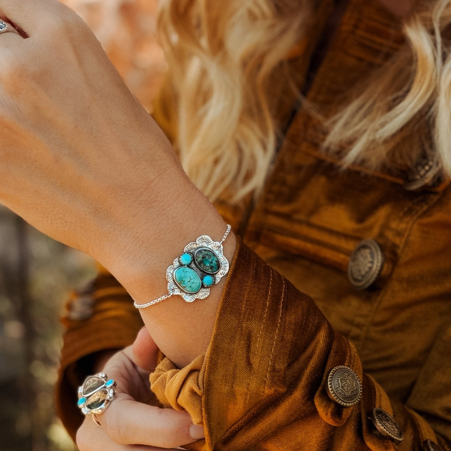 The Out West Bracelet in Carico Lake Turquoise & Lone Mtn Turquoise - Golden Road Crafted