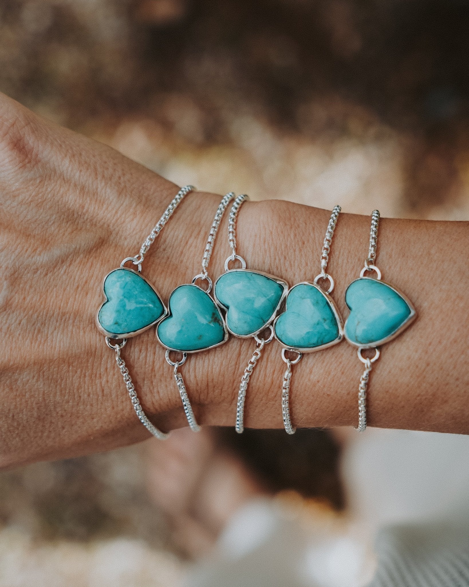 The Out West Bracelets in Chilean Turquoise Hearts - Golden Road Crafted