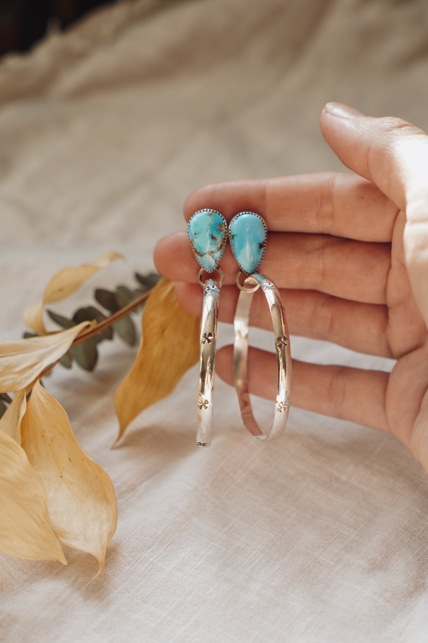 The Rain Drop Hoops in Golden Hills Turquoise - Golden Road Crafted