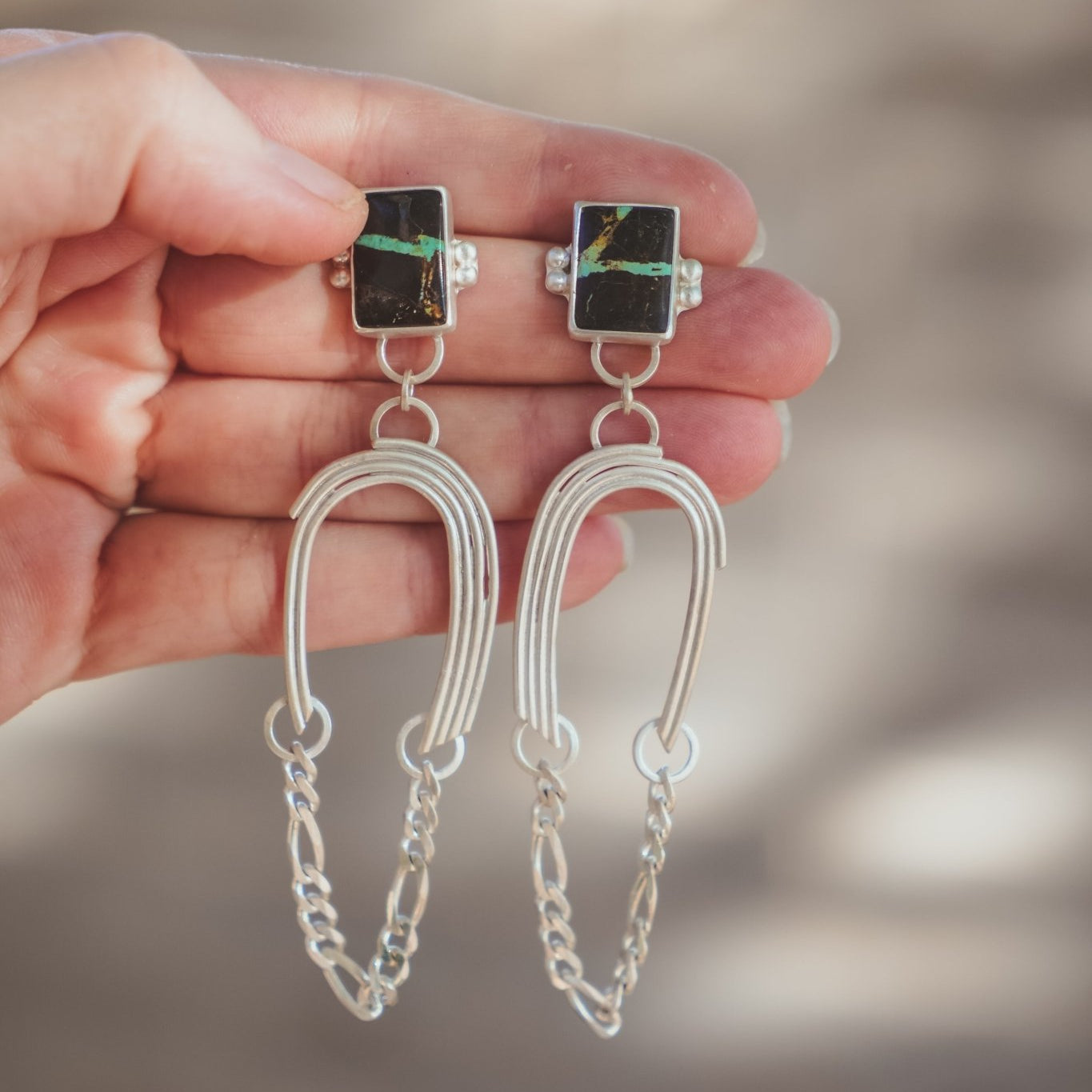 The Rainbow Relic Earrings in Blackjack Turquoise - Golden Road Crafted