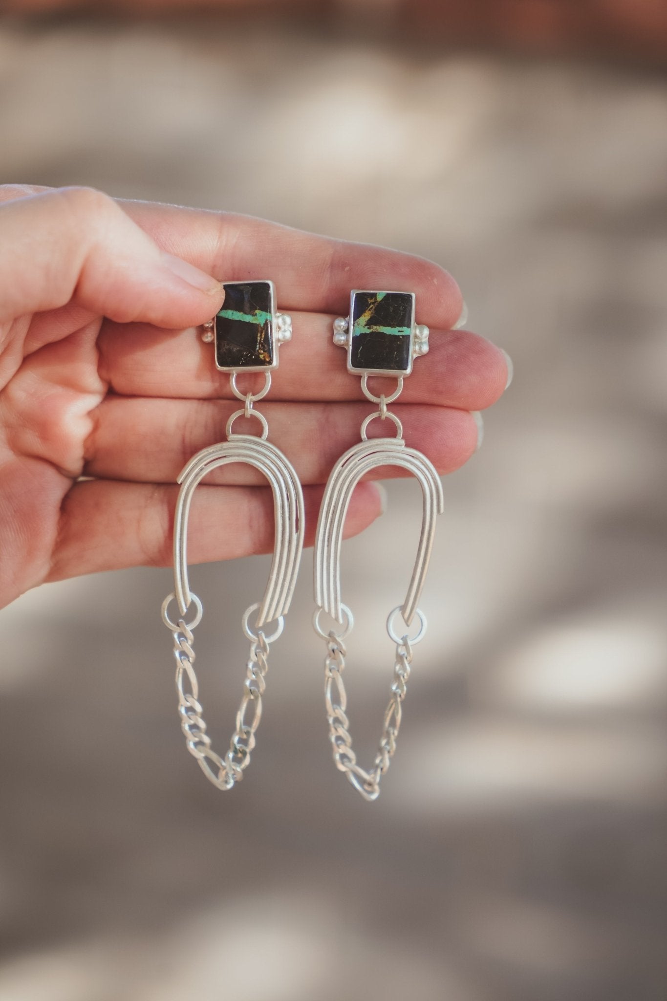 The Rainbow Relic Earrings in Blackjack Turquoise - Golden Road Crafted