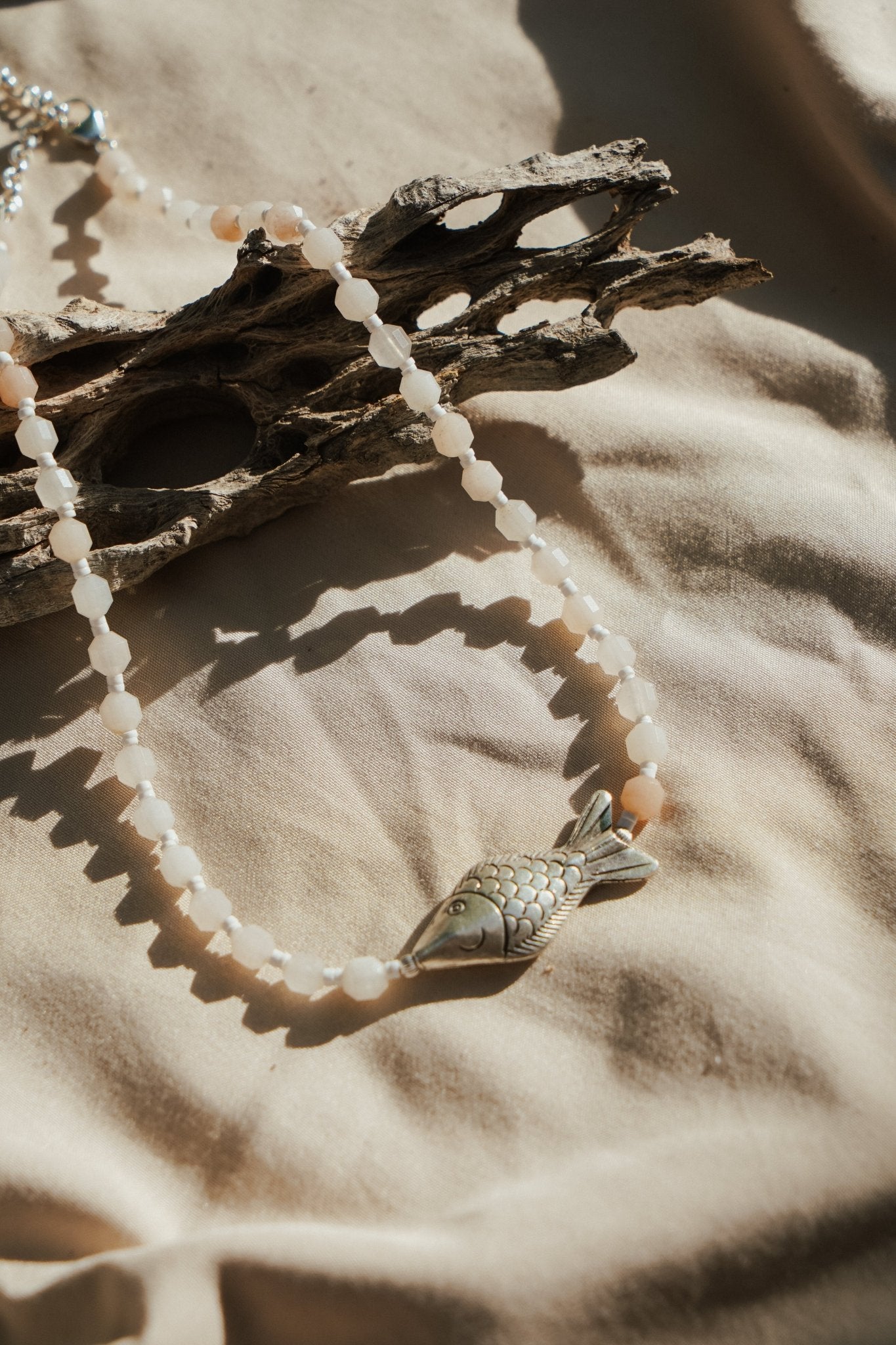 The Silver Current Necklace with Peach Moonstone - Golden Road Crafted