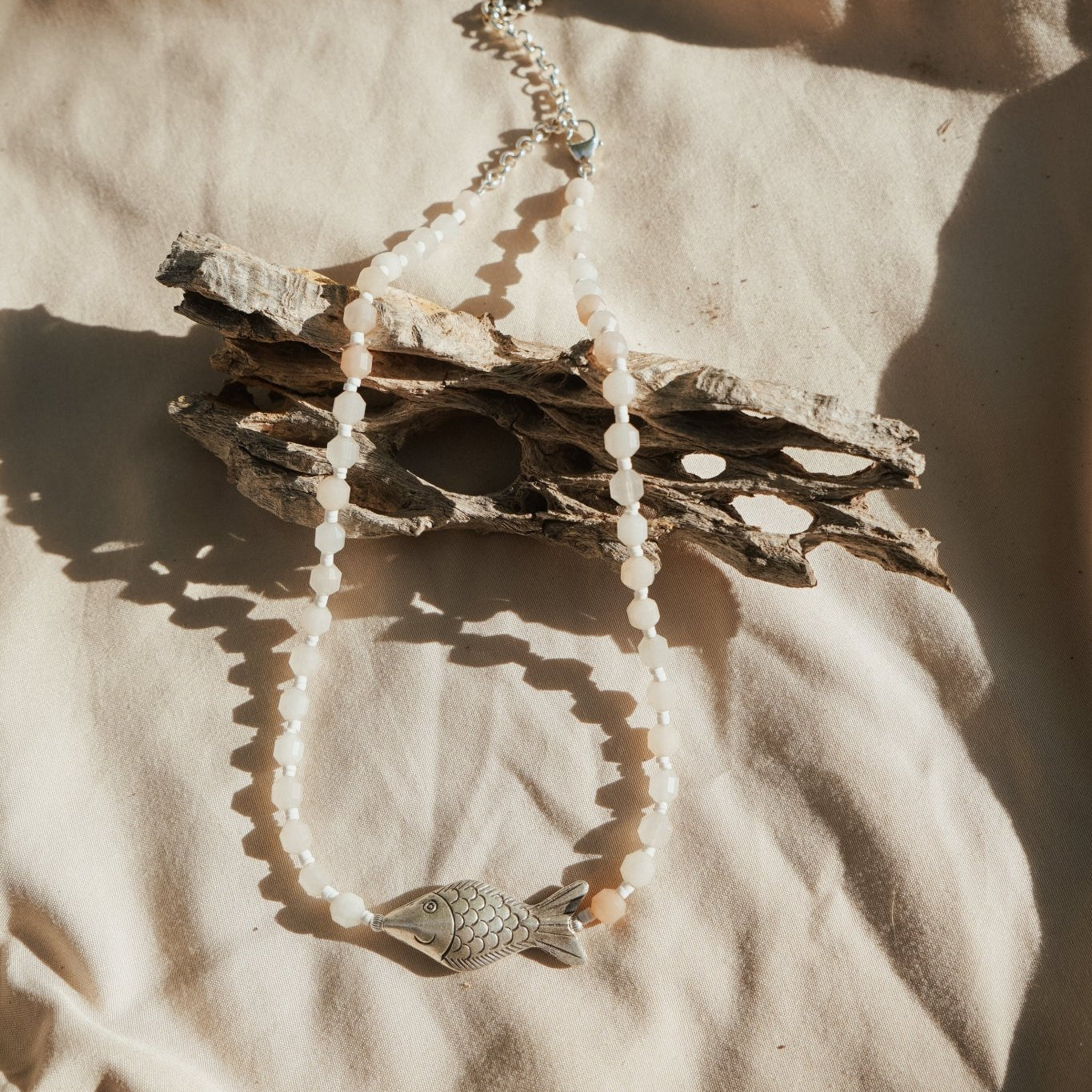 The Silver Current Necklace with Peach Moonstone - Golden Road Crafted