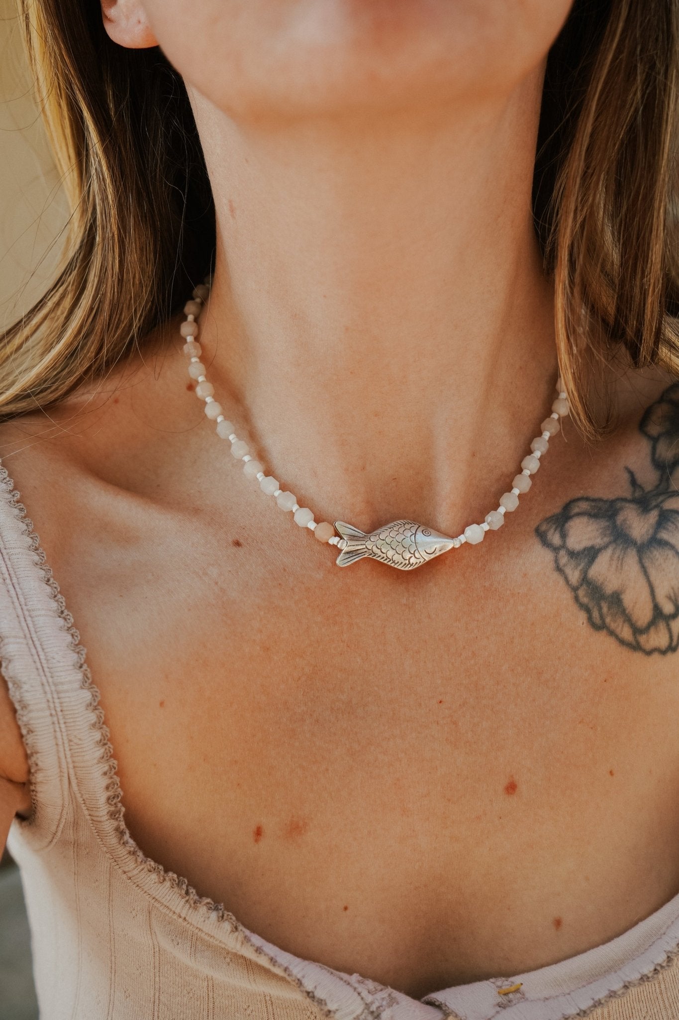 The Silver Current Necklace with Peach Moonstone - Golden Road Crafted