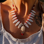 The Solace Necklace in Mother of Pearl, Coral, & Morganite - Golden Road Crafted