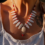 The Solace Necklace in Mother of Pearl, Coral, & Morganite - Golden Road Crafted