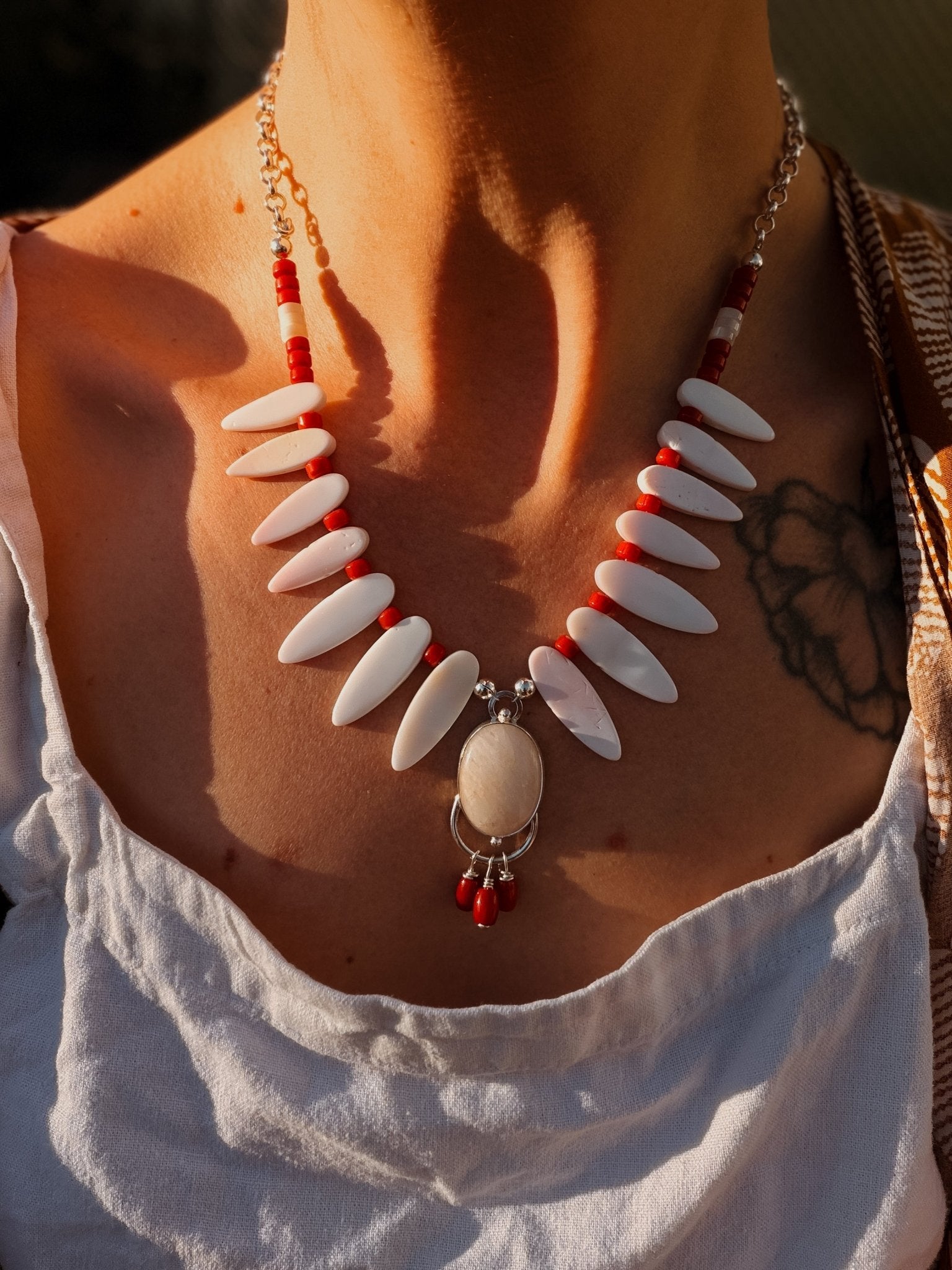 The Solace Necklace in Mother of Pearl, Coral, & Morganite - Golden Road Crafted