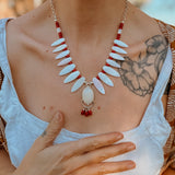 The Solace Necklace in Mother of Pearl, Coral, & Morganite - Golden Road Crafted