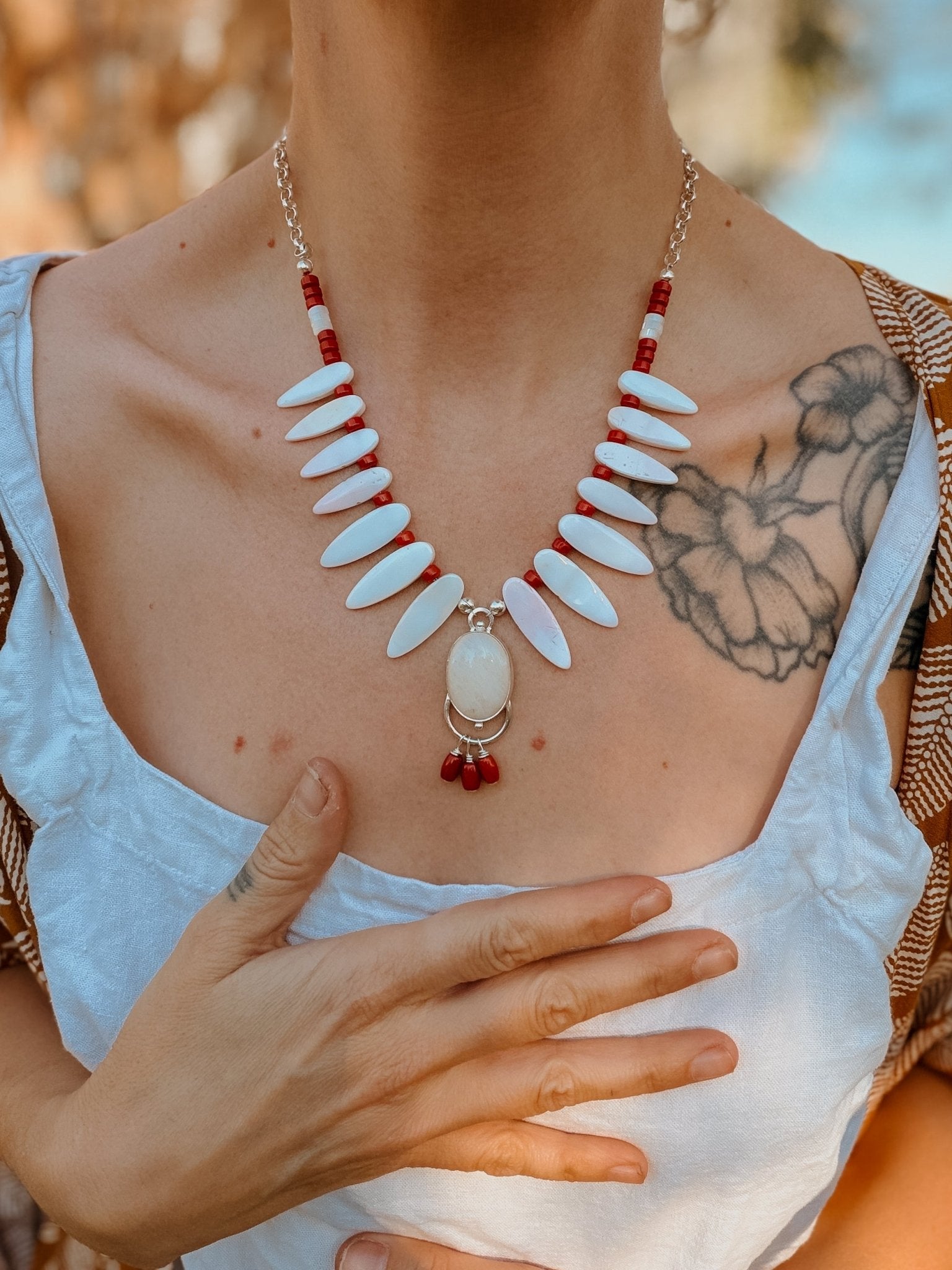 The Solace Necklace in Mother of Pearl, Coral, & Morganite - Golden Road Crafted