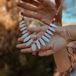 The Solace Necklace in Mother of Pearl, Coral, & Morganite - Golden Road Crafted