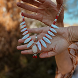 The Solace Necklace in Mother of Pearl, Coral, & Morganite - Golden Road Crafted