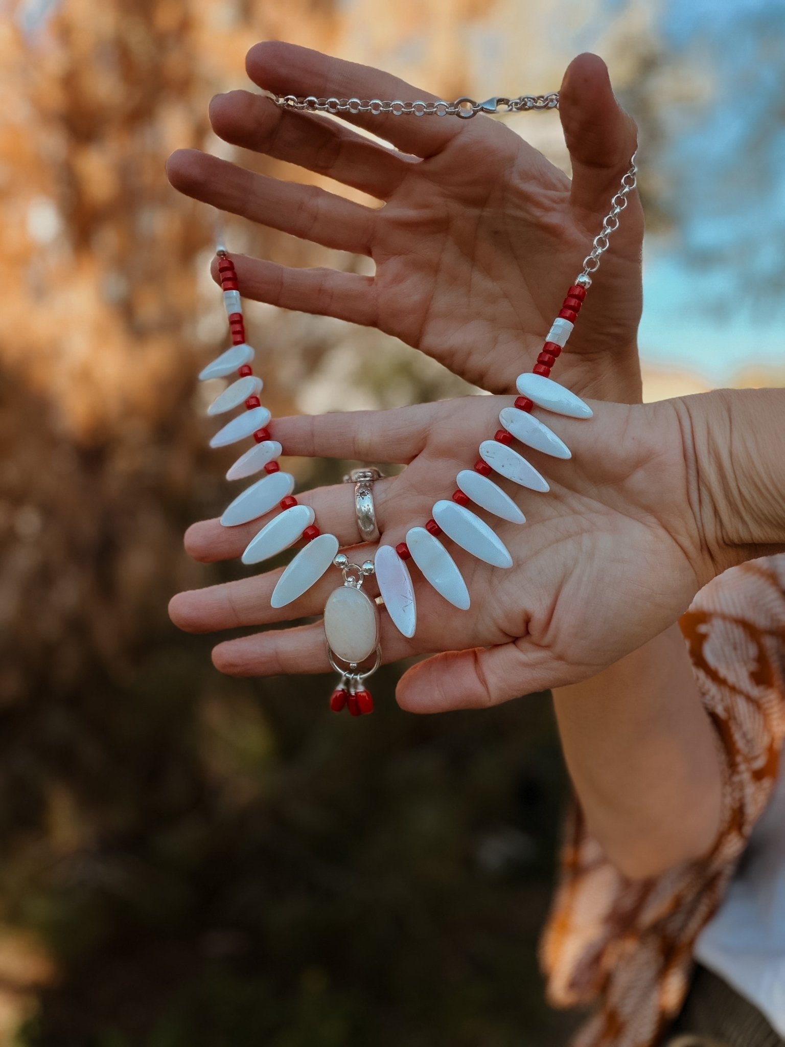 The Solace Necklace in Mother of Pearl, Coral, & Morganite - Golden Road Crafted