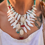 The Solace Necklace in Mother of Pearl, Coral, & Morganite - Golden Road Crafted
