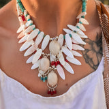 The Solace Necklace in Mother of Pearl, Coral, & Morganite - Golden Road Crafted