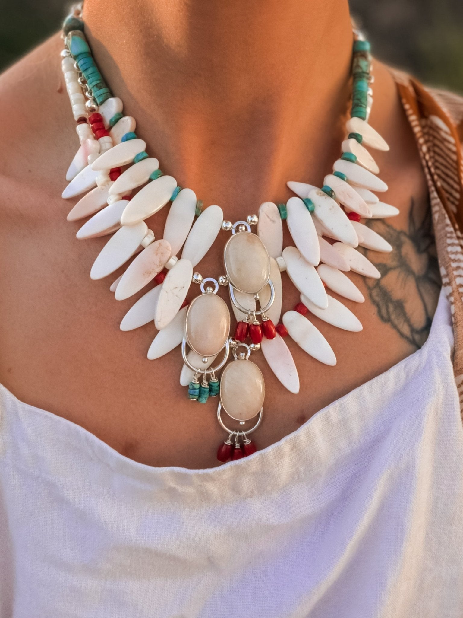 The Solace Necklace in Mother of Pearl, Coral, & Morganite - Golden Road Crafted