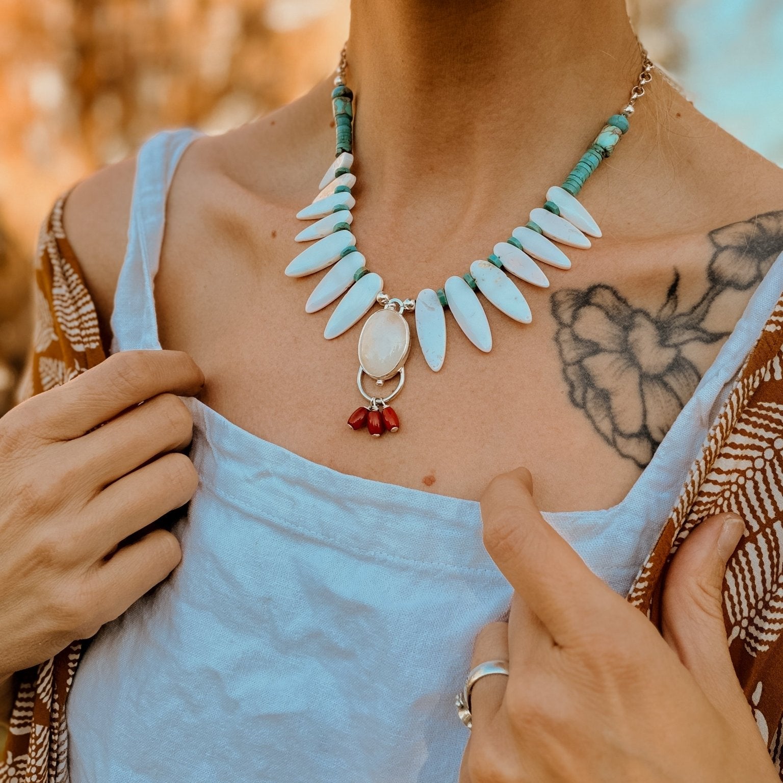 The Solace Necklace in Mother of Pearl, Coral, Morganite, & Turquoise - Golden Road Crafted