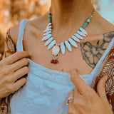 The Solace Necklace in Mother of Pearl, Coral, Morganite, & Turquoise - Golden Road Crafted