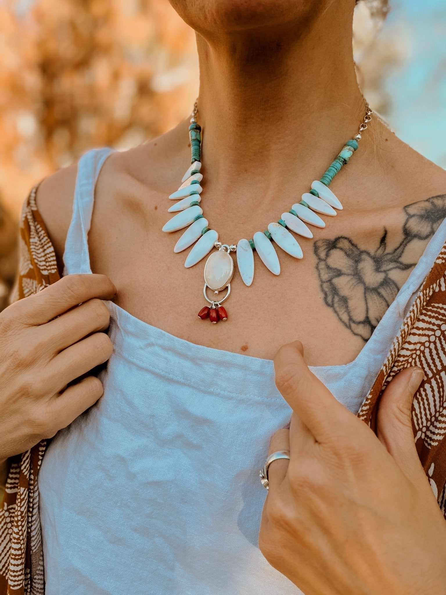 The Solace Necklace in Mother of Pearl, Coral, Morganite, & Turquoise - Golden Road Crafted