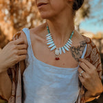 The Solace Necklace in Mother of Pearl, Coral, Morganite, & Turquoise - Golden Road Crafted