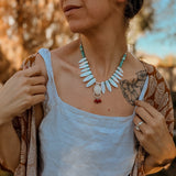 The Solace Necklace in Mother of Pearl, Coral, Morganite, & Turquoise - Golden Road Crafted