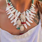 The Solace Necklace in Mother of Pearl, Coral, Morganite, & Turquoise - Golden Road Crafted