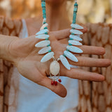 The Solace Necklace in Mother of Pearl, Coral, Morganite, & Turquoise - Golden Road Crafted