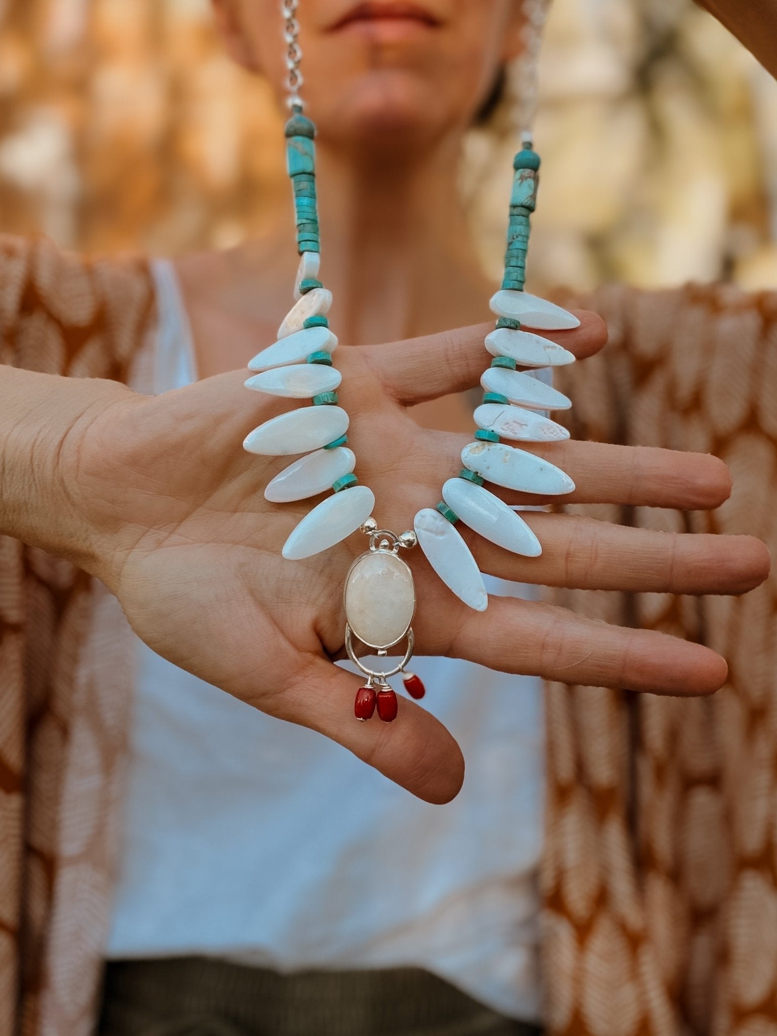The Solace Necklace in Mother of Pearl, Coral, Morganite, & Turquoise - Golden Road Crafted
