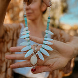 The Solace Necklace in Mother of Pearl, Coral, Morganite, & Turquoise - Golden Road Crafted