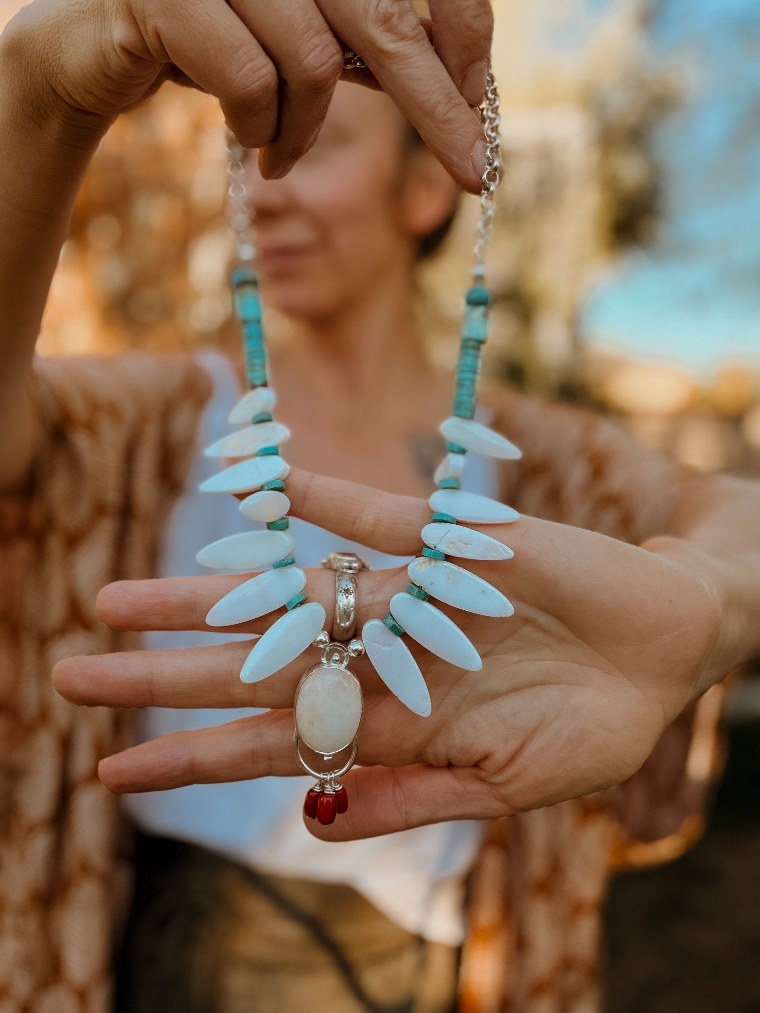The Solace Necklace in Mother of Pearl, Coral, Morganite, & Turquoise - Golden Road Crafted