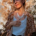 The Solace Necklace in Mother of Pearl, Morganite, & Turquoise - Golden Road Crafted