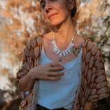 The Solace Necklace in Mother of Pearl, Morganite, & Turquoise - Golden Road Crafted