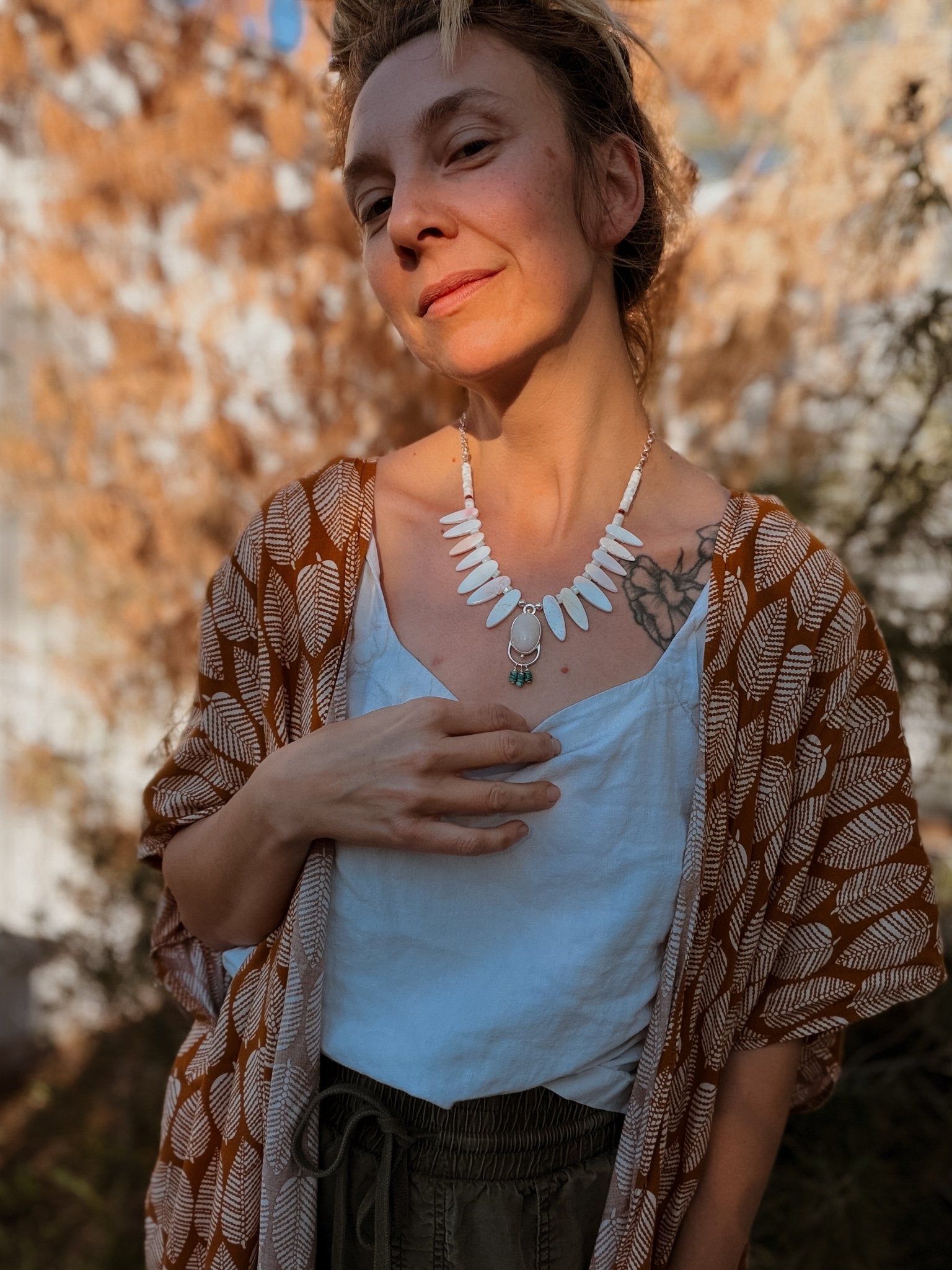 The Solace Necklace in Mother of Pearl, Morganite, & Turquoise - Golden Road Crafted