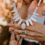 The Solace Necklace in Mother of Pearl, Morganite, & Turquoise - Golden Road Crafted