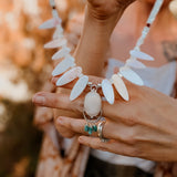 The Solace Necklace in Mother of Pearl, Morganite, & Turquoise - Golden Road Crafted
