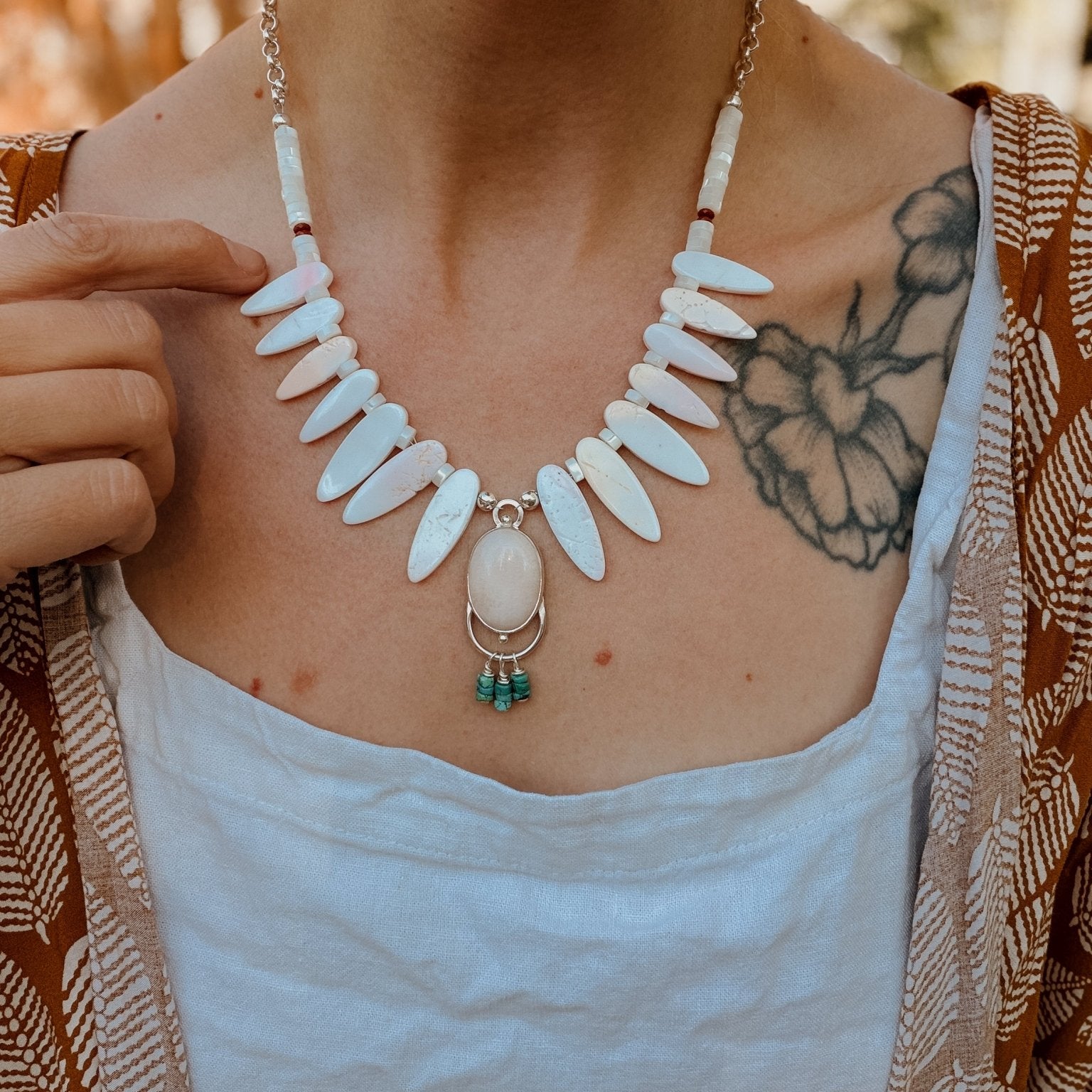 The Solace Necklace in Mother of Pearl, Morganite, & Turquoise - Golden Road Crafted