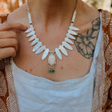 The Solace Necklace in Mother of Pearl, Morganite, & Turquoise - Golden Road Crafted