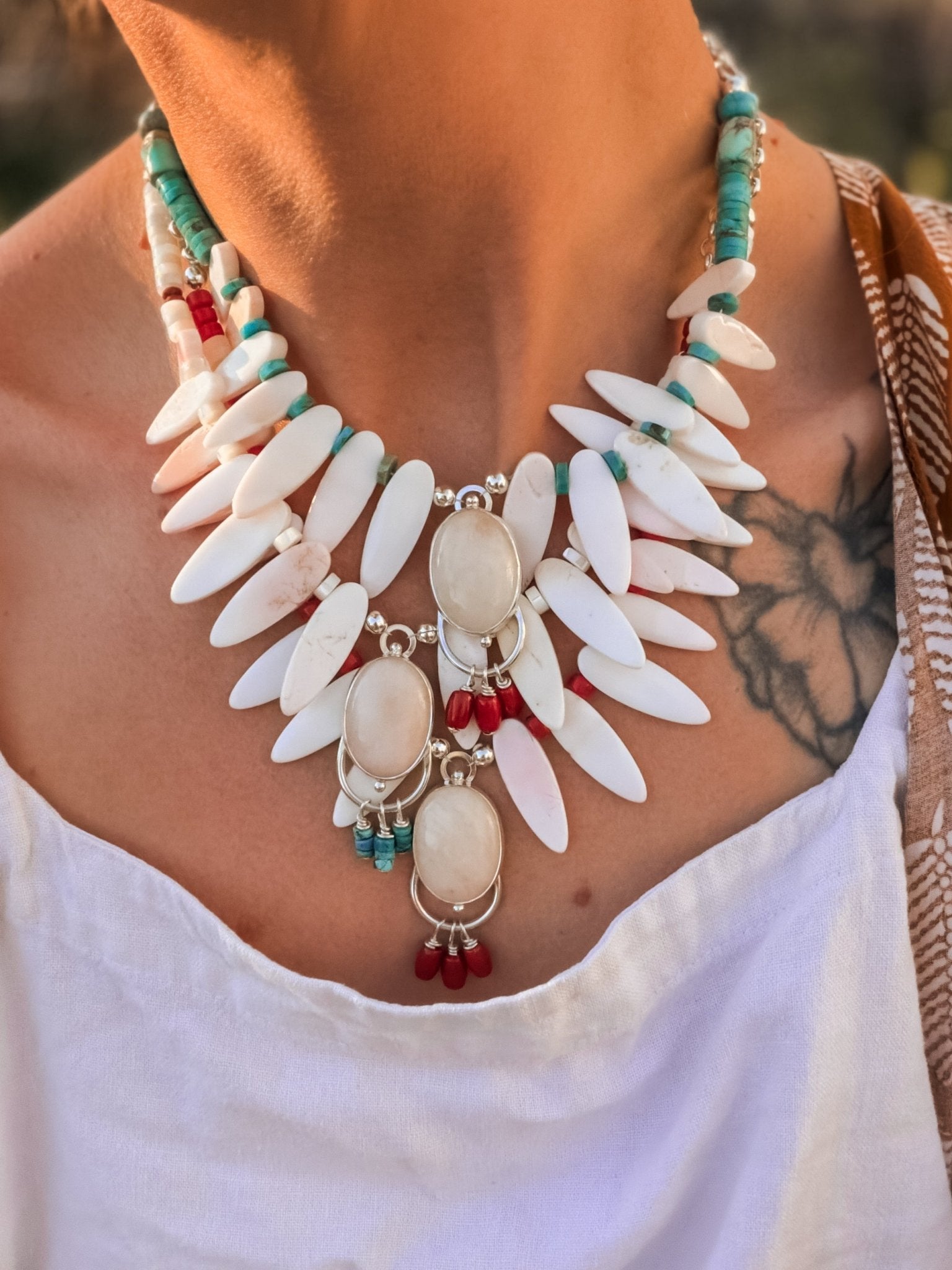 The Solace Necklace in Mother of Pearl, Morganite, & Turquoise - Golden Road Crafted